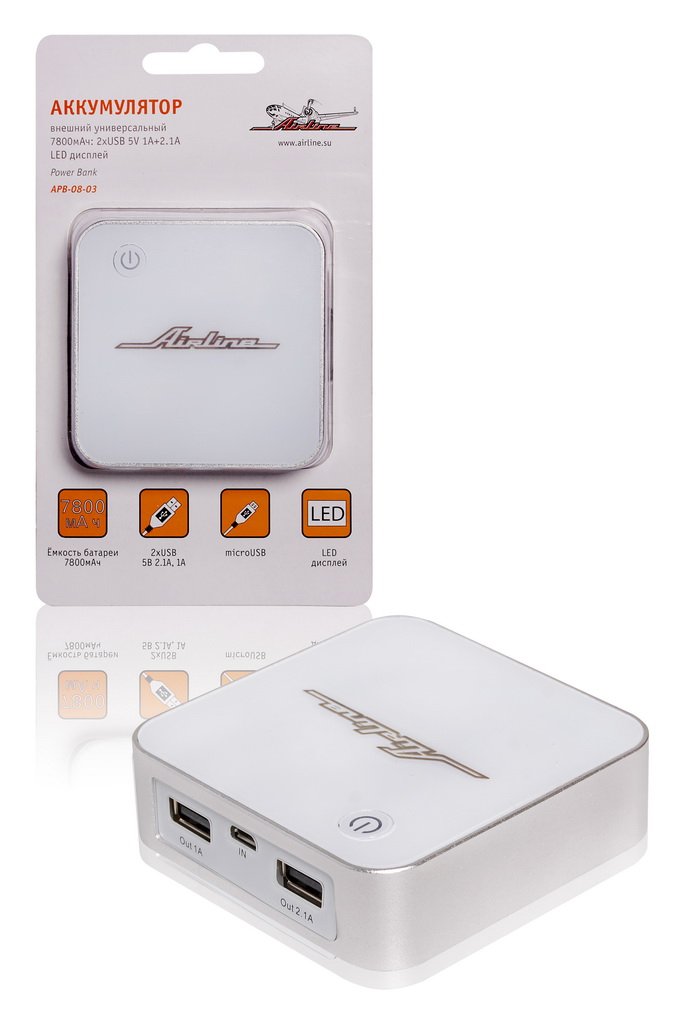 APB0803 AIRLINE АККУМУЛЯТОР ВНЕШНИЙ УНИВЕРСАЛЬНЫЙ ~7800МАЧ (2ХUSB 5V 1A+2.1A)