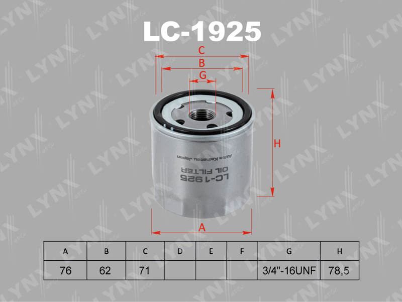 LC1925 LYNX ФИЛЬТР МАСЛЯНЫЙ-1.6 90-110Л.С./1.4 125 Л.С VW/AUDI/SKODA